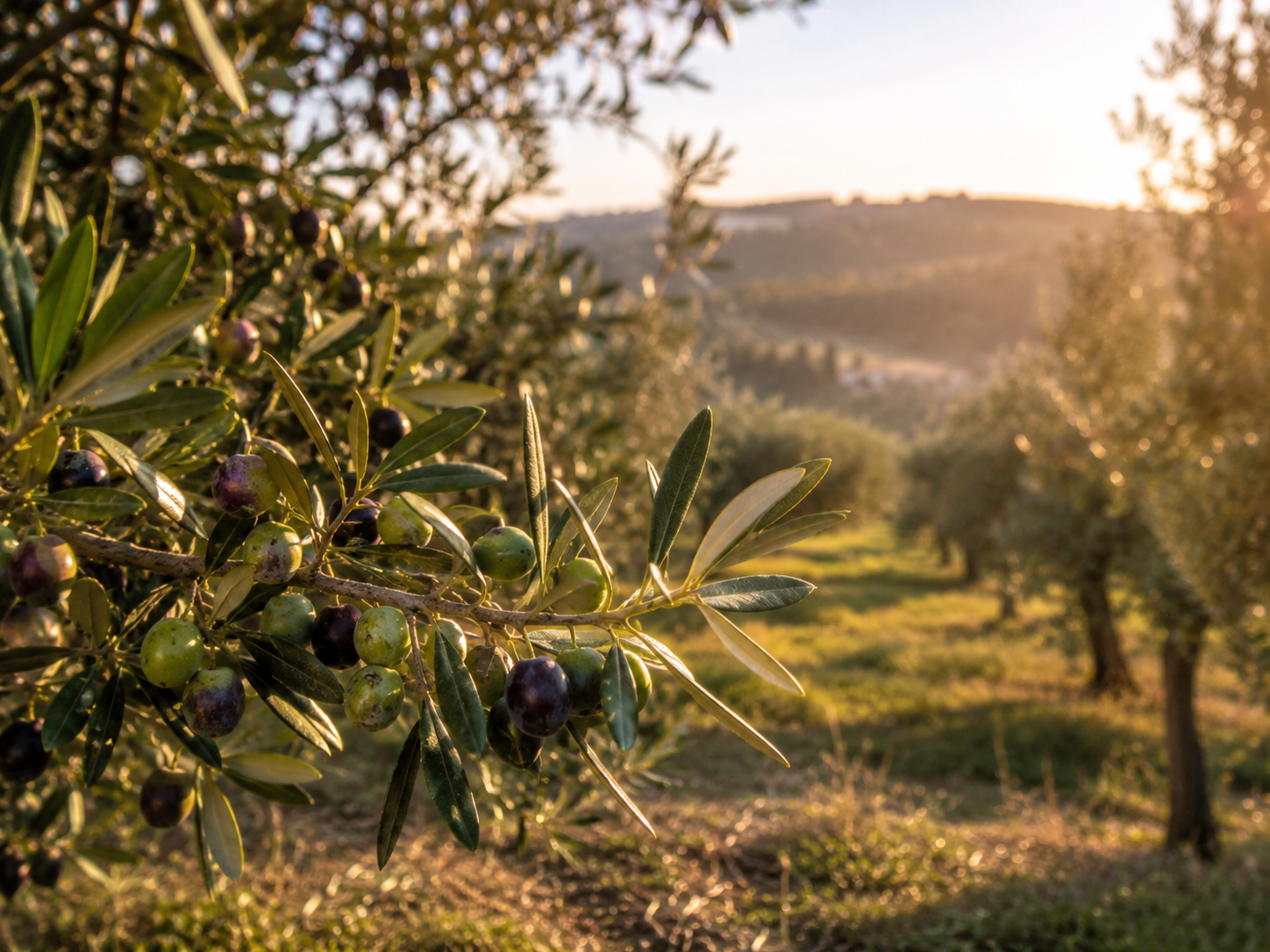 Oliveto toscano al tramonto con luce dorata