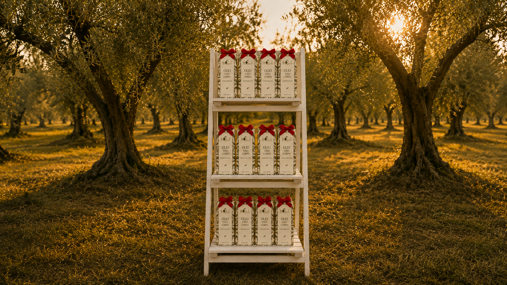 Esposizione prodotti èOLI in oliveto toscano al tramonto